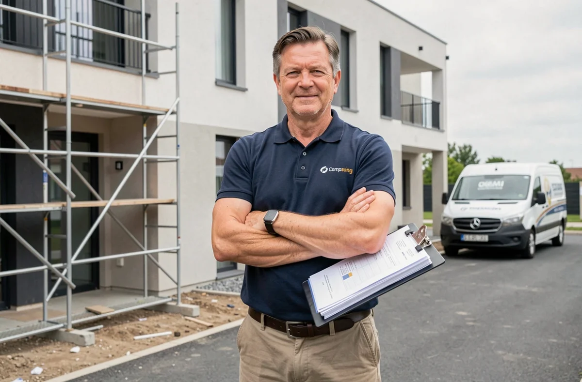 Professionnel du bâtiment d'ABR Avenir Bâtiment Rémois devant un immeuble rénové à Reims