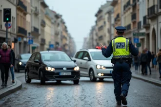 Scène d'accident de voiture en centre-ville de Lorient avec policiers et circulation perturbée