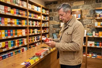 Homme examinant des cartouches de cigarettes dans un bureau de tabac andorran avec des étiquettes de prix en euros