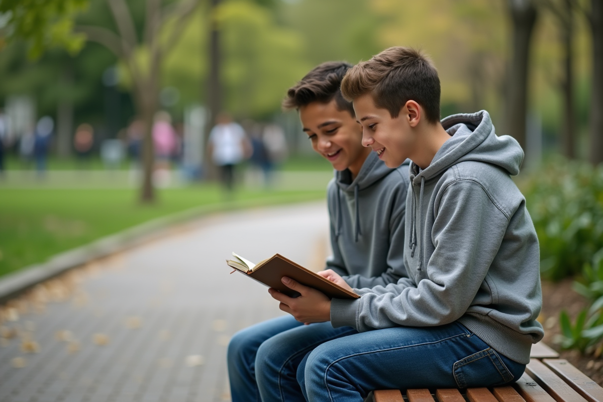 Adolescent souriant expliquant un concept en plein air