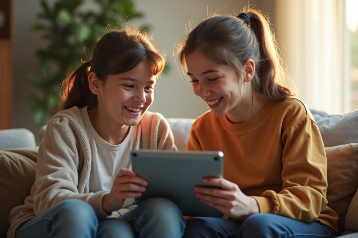 Adolescent et parent discutant avec une tablette