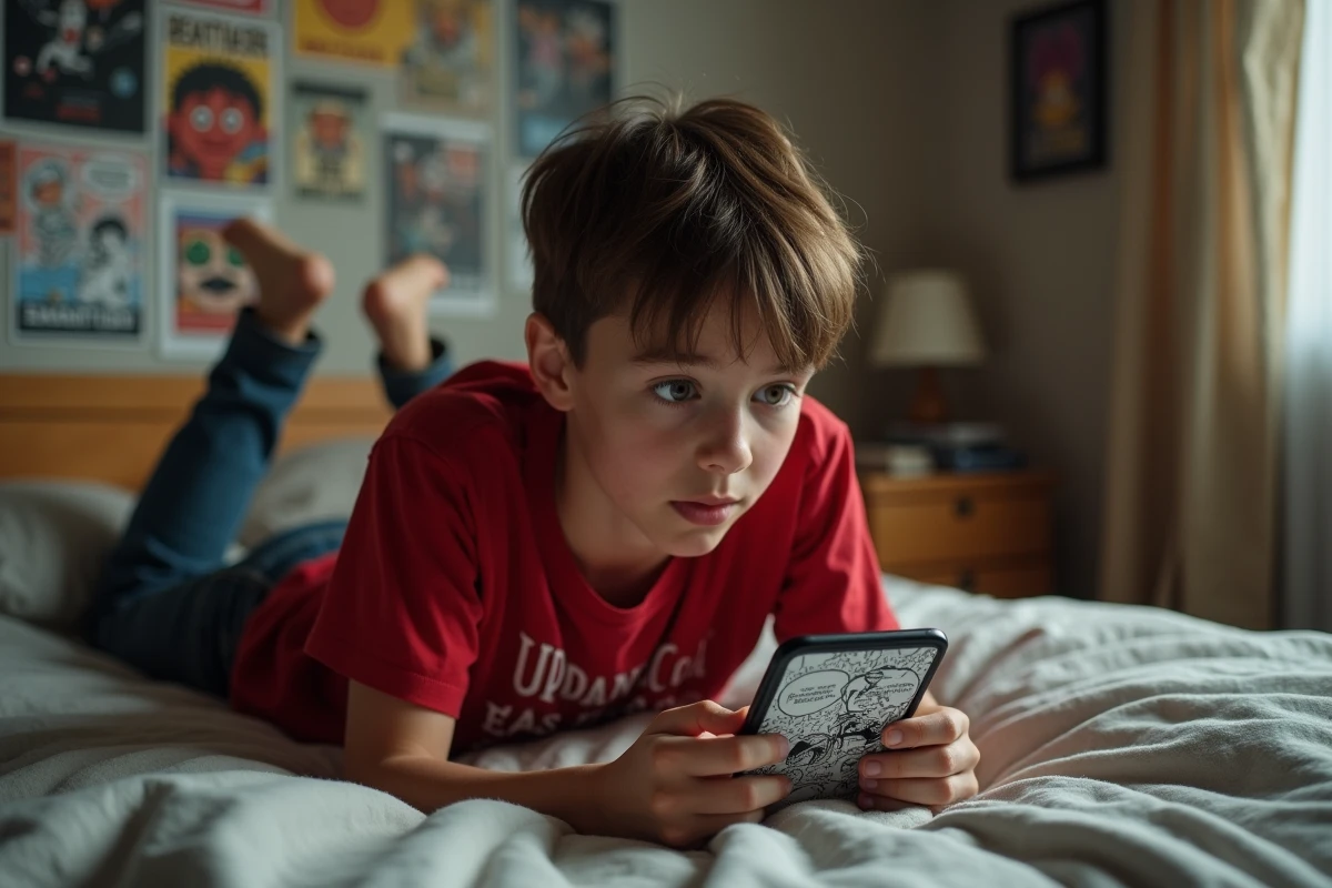 Adolescent allongé sur son lit lisant un ancien scan One Piece sur smartphone dans sa chambre couverte de posters