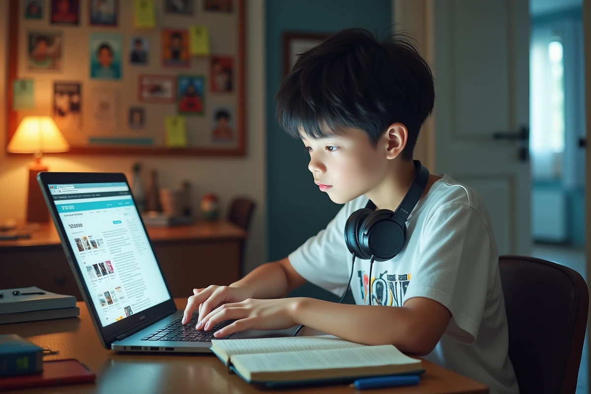 Adolescent consultant un site de scan manga sur son ordinateur dans sa chambre d'étudiant avec des affiches d'anime au mur