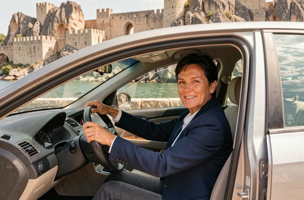 Chauffeuse de taxi souriante dans son véhicule près d'Agde pour la compagnie Agath Taxi