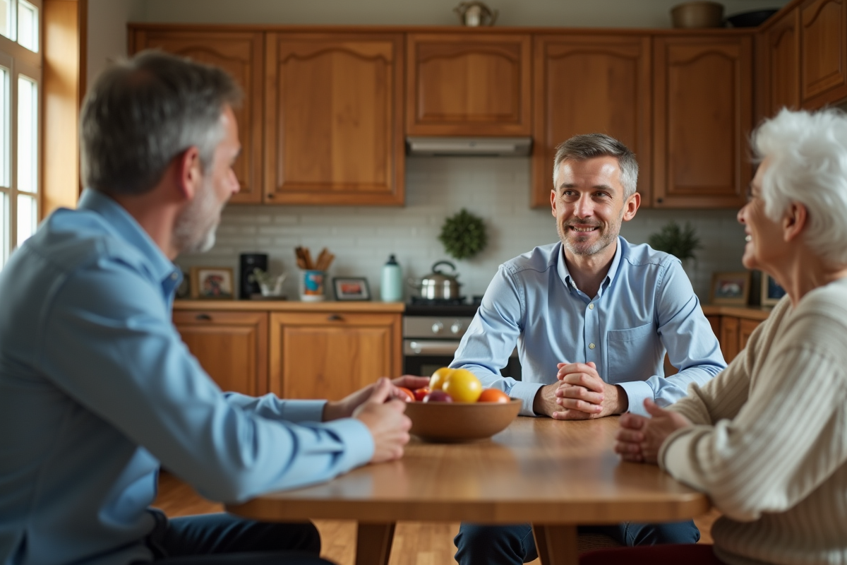 Agent immobilier parlant avec un couple dans la cuisine
