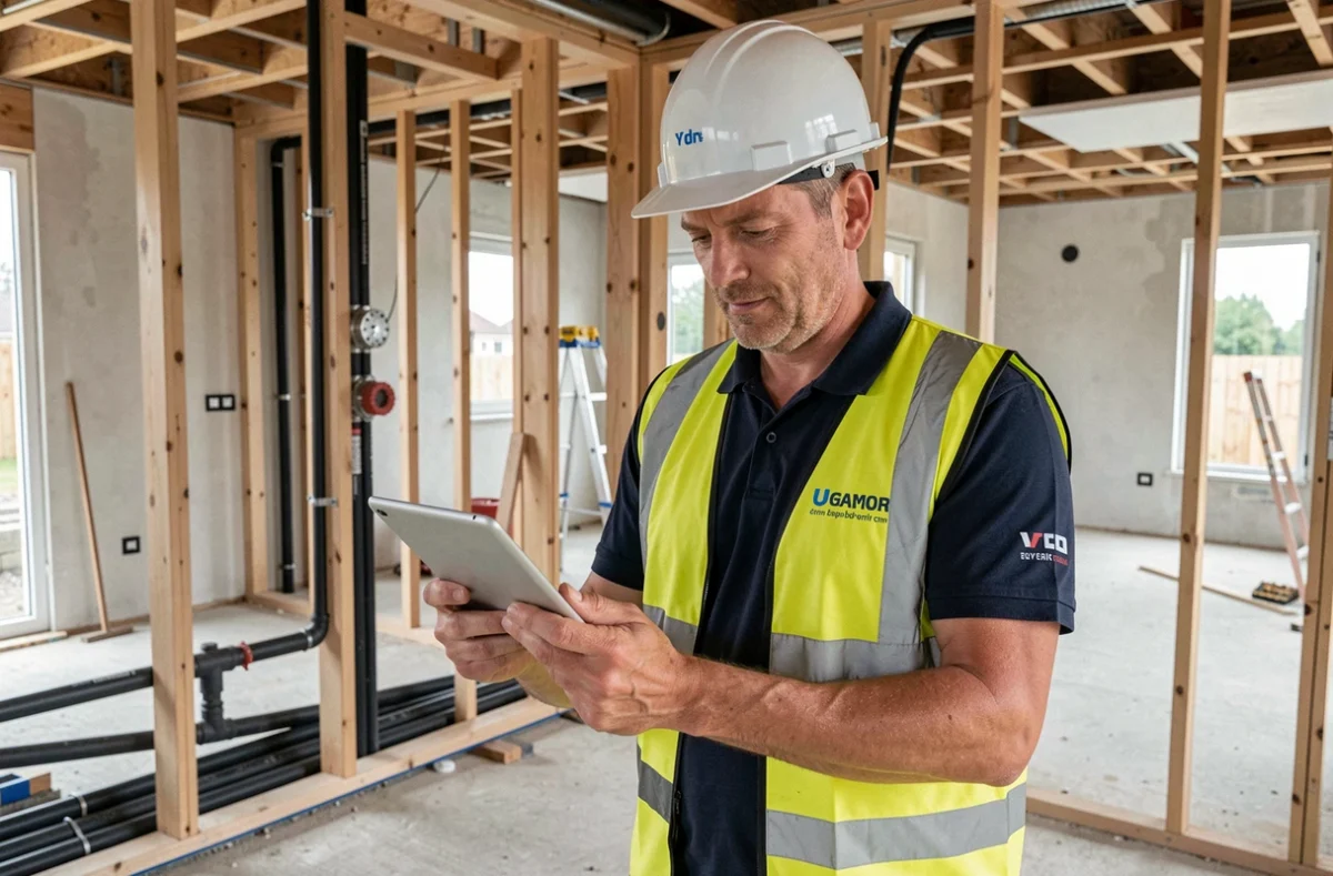 Spécialiste d'Alkeos Rénovation supervisant un chantier de construction avec volet plomberie à Reims