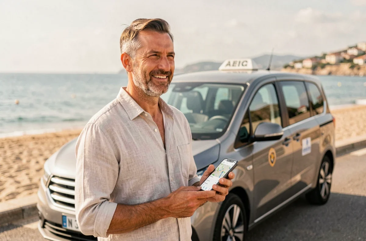 Chauffeur VTC devant un minivan sur le front de mer d'Agde pour Allocar34 Taxi VTC