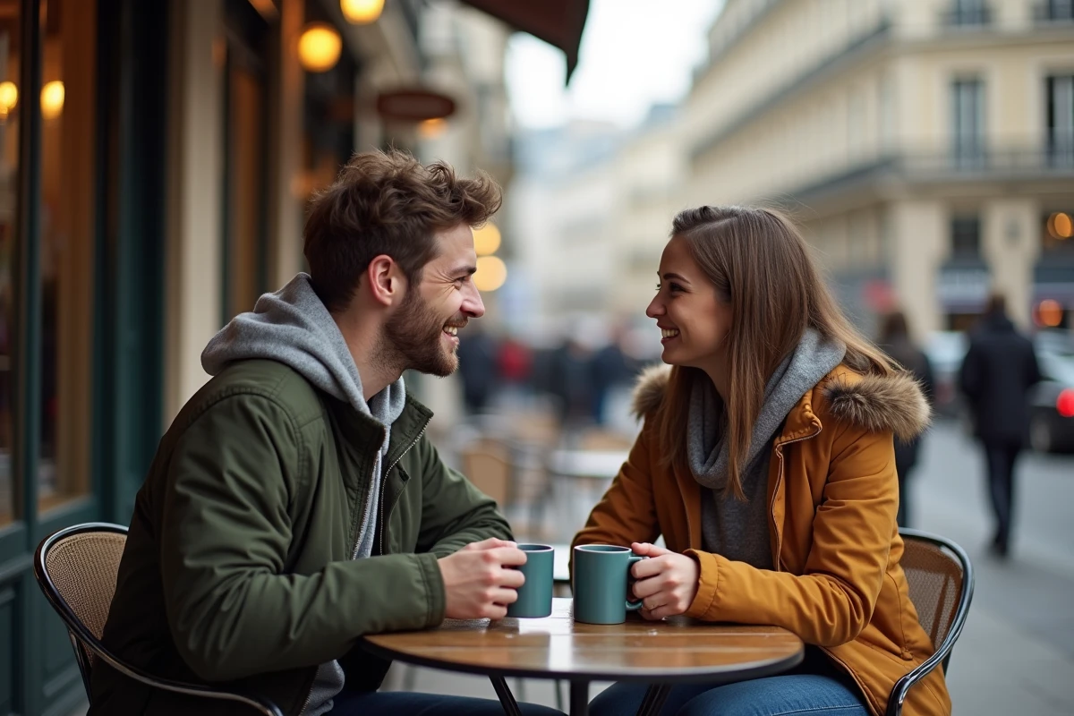 Deux amis discutant autour de cafés en terrasse à Paris