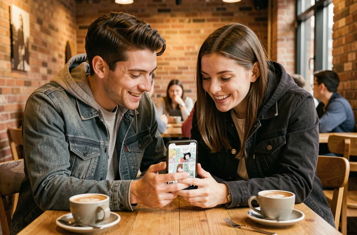Deux amis lisant ensemble des mangas sur un smartphone dans un café urbain aux murs en briques