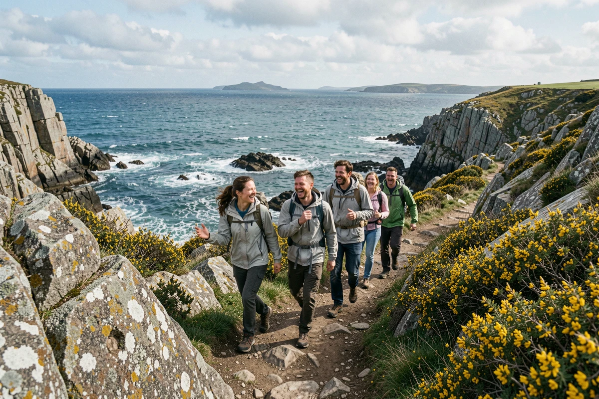 Groupe d'amis en randonnée sur le sentier côtier breton pendant le week-end de Pentecôte 2026