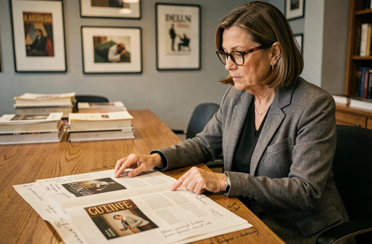 Éditrice analysant la première et quatrième de couverture d'un livre lors d'une réunion éditoriale dans une maison d'édition