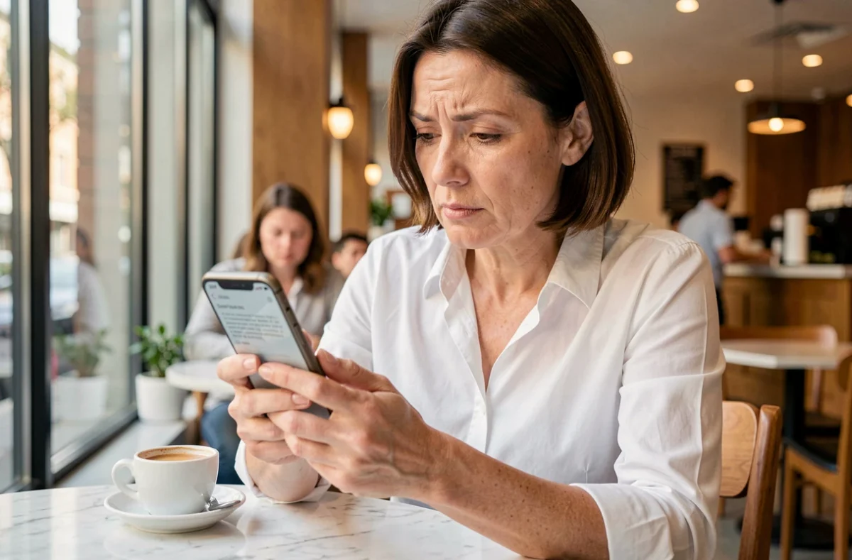 Femme dans un café analysant les limites et contraintes de la plateforme Scoopium sur son smartphone