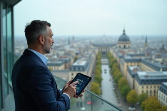 Homme en costume regardant une tablette avec la ville en arrière-plan