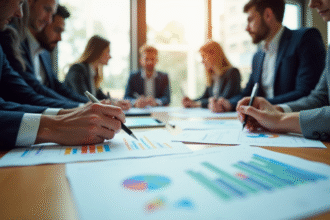 Professionnels autour d'une grande table analysant des graphiques économiques
