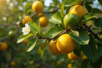 Arbre citronnier en plein air avec citrons mûrs et fleurs