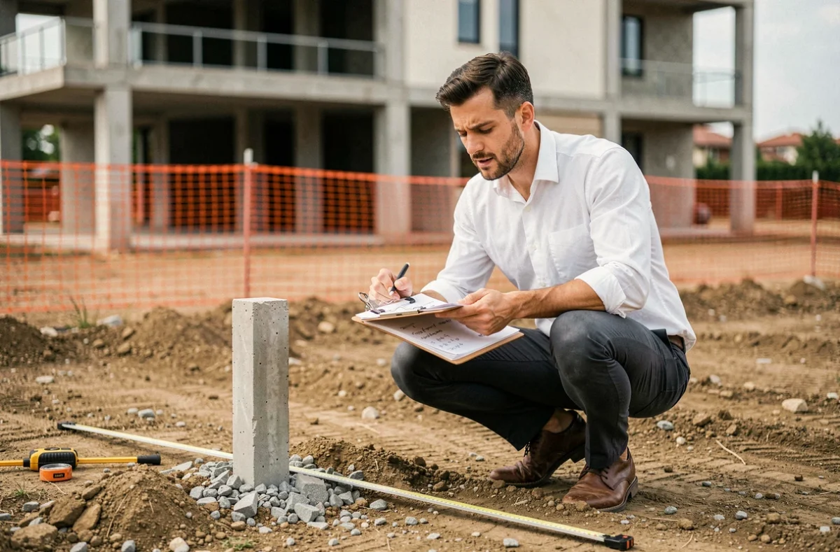 Architecte mesurant la superficie d'un terrain en construction pour une conversion de surface en urbanisme