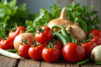 Assortiment de légumes frais avec V sur une table en bois