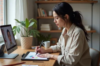 Femme adulte suivant un atelier créatif en ligne de dessin numérique depuis son bureau à domicile avec une tablette graphique