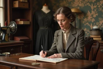 Femme élégante en tweed dessinant dans un atelier parisien