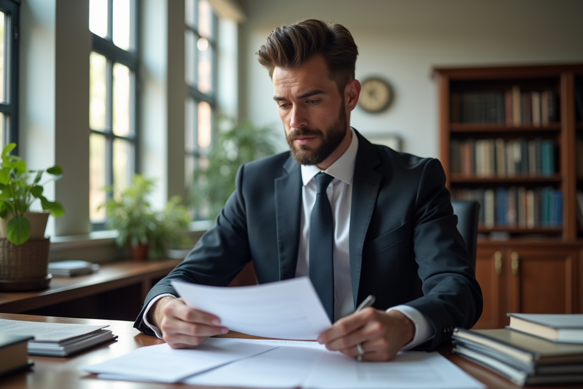 Avocat confiant examinant des papiers dans un bureau moderne