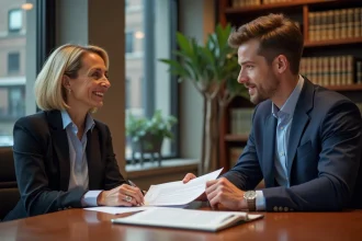 Femme avocate expliquant un document à un client dans un bureau moderne