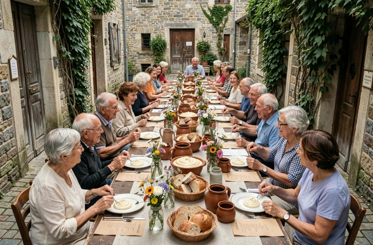 Long banquet communautaire en plein air dans une ruelle en pierre d'un village de l'Aveyron lors d'une fête locale