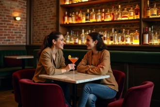 Deux femmes discutent autour d'un cocktail dans un bar calme et intime à Lille, avec décor en brique apparente et étagères en bois foncé