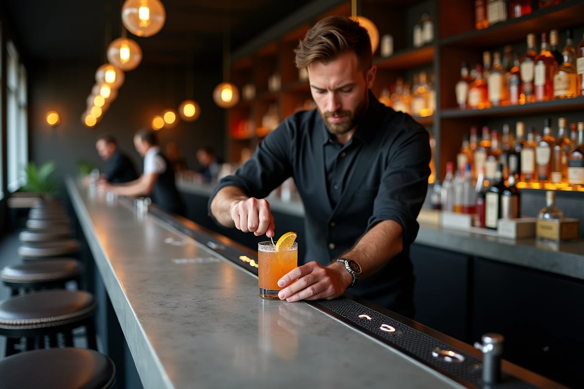 Barman professionnel préparant un cocktail artisanal dans un bar feutré à Lille, avec comptoir en béton brut et ambiance tamisée