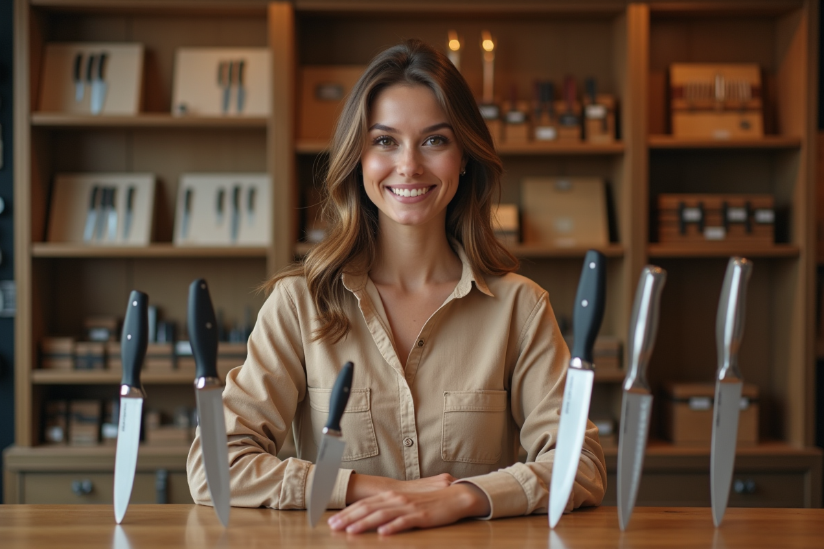 Jeune femme présentant des couteaux Le Pradel dans une boutique élégante