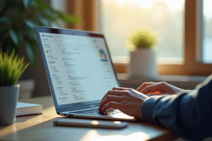 Espace de travail moderne avec écran affichant une boîte mail propre