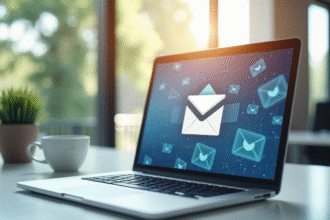 Espace de travail moderne avec ordinateur affichant une boîte mail