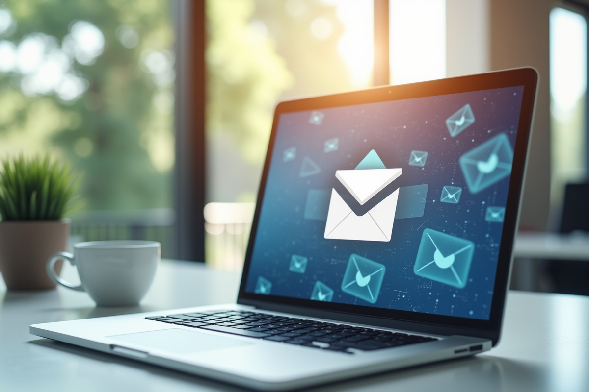 Espace de travail moderne avec ordinateur affichant une boîte mail