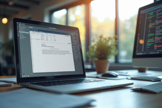 Bureau moderne avec ordinateur affichant plateforme de signature électronique
