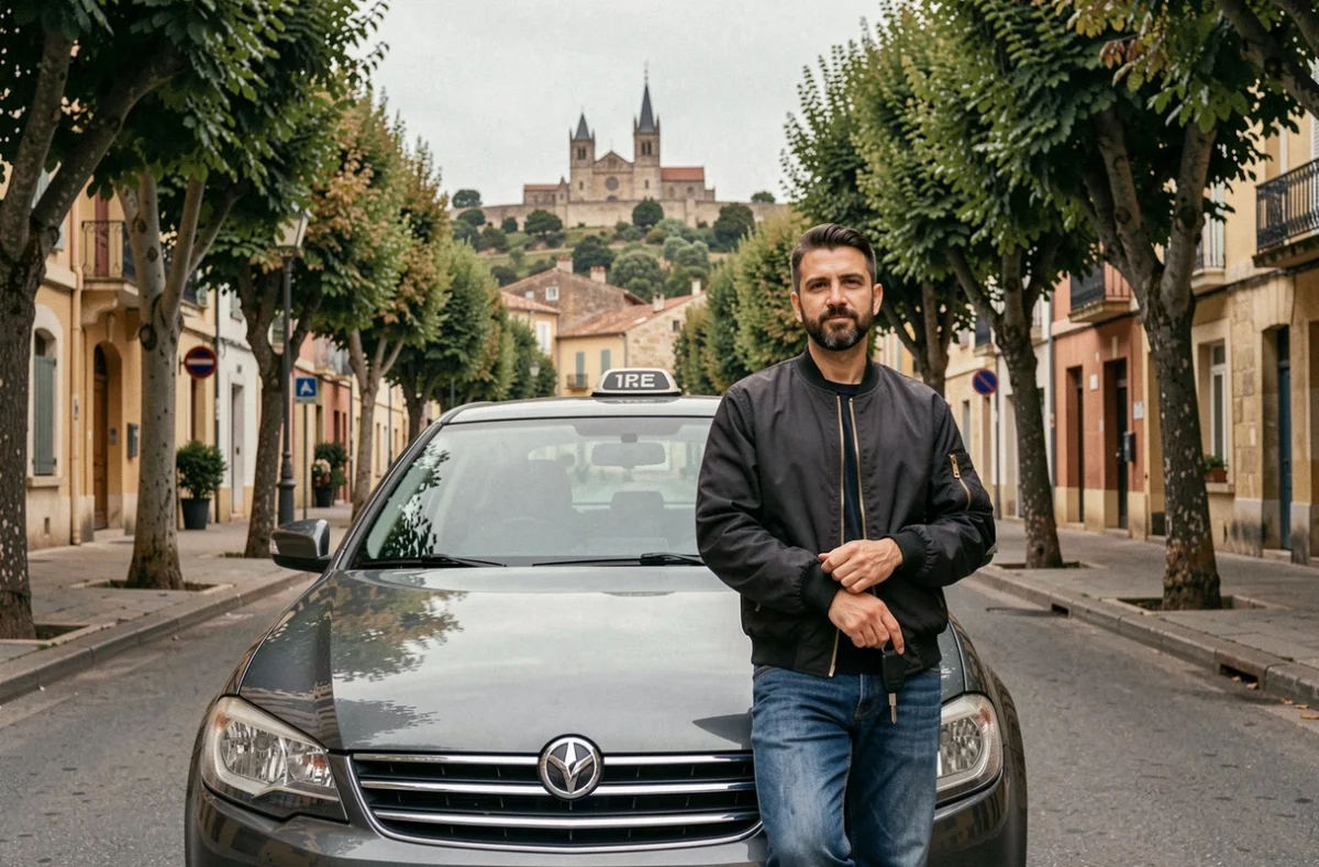 Chauffeur de taxi à Béziers avec la cathédrale en arrière-plan pour Cab Driver Beziers
