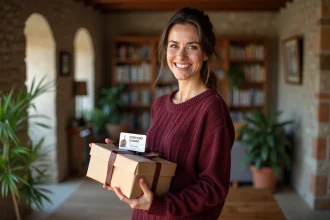 Femme souriante tenant un cadeau pour une séance d'escape game à Lyon