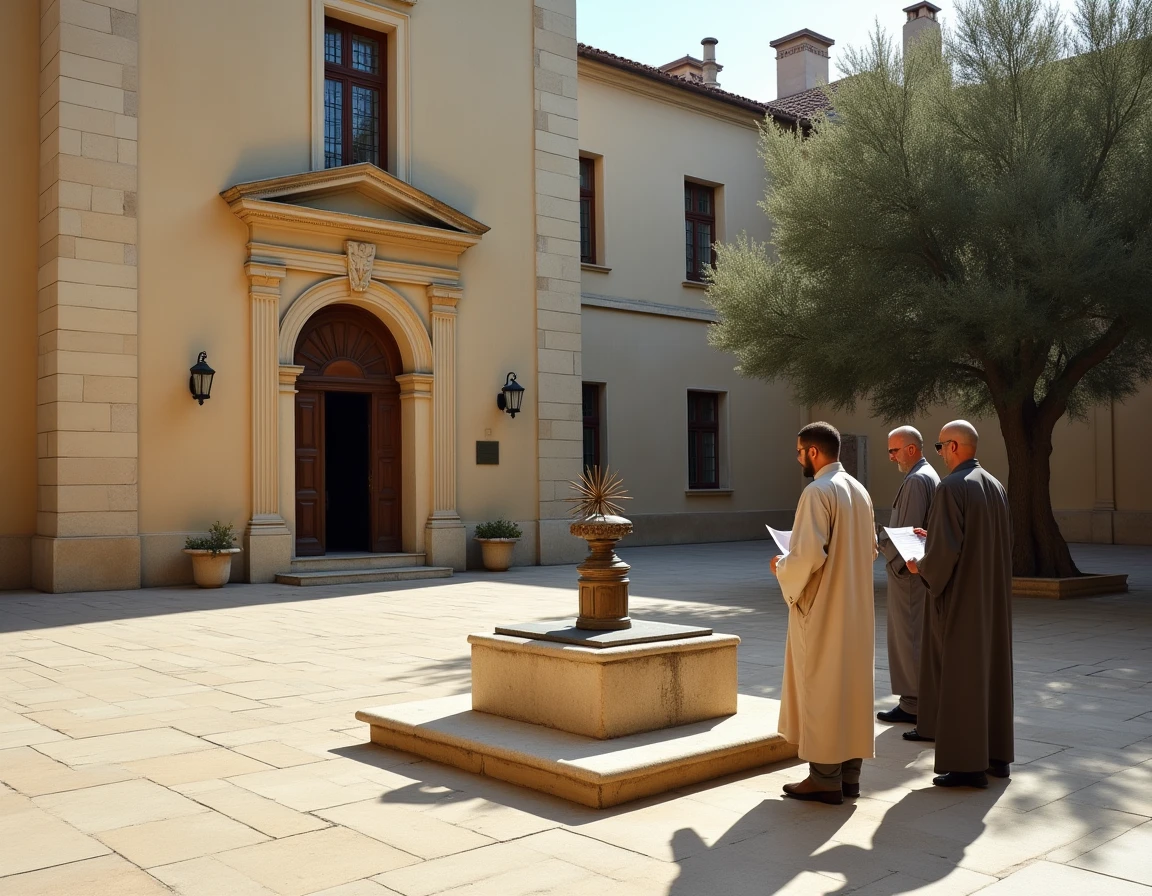 Groupe de fidèles comparant les horaires de prière avec un cadran solaire dans la cour d'une mosquée à Bordeaux