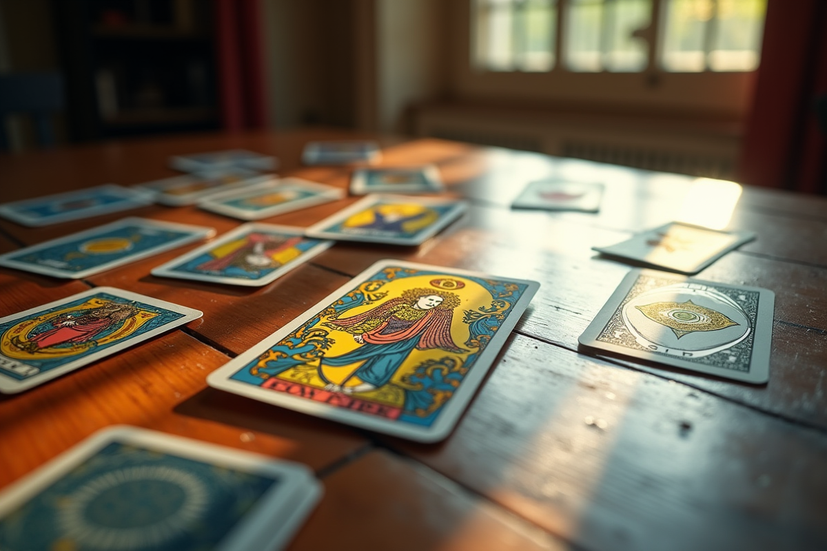 Une carte de tarot colorée parmi des cartes dispersées sur une table