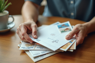Mains tenant des cartes postales avec codes postaux lyonnais