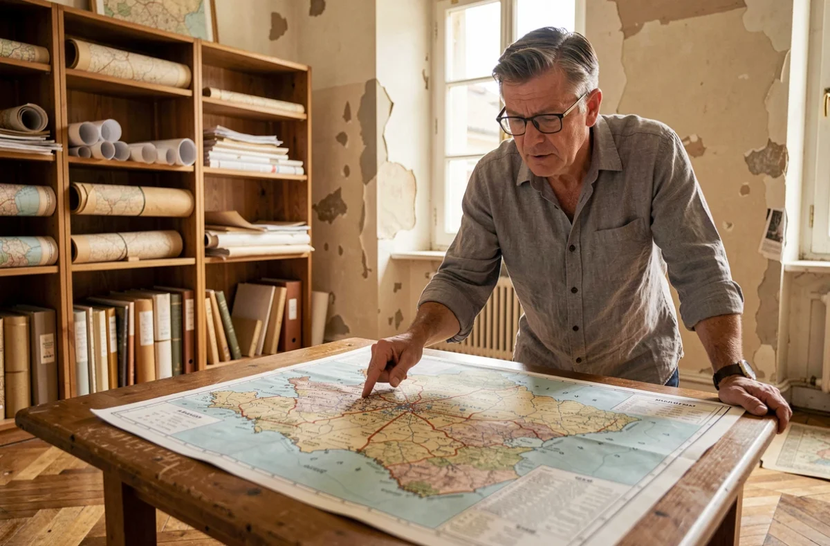 Cartographe examinant une carte administrative de France pour comparer la superficie des grandes villes françaises, dans une salle d'archives municipale