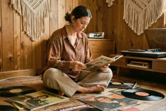 Femme entourée de vinyles des années 70 dans un salon vintage avec tourne-disque, ambiance nostalgique bohème