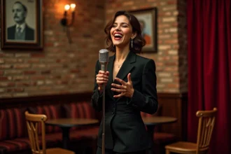 Chanteuse jazz italienne élégante en scène avec micro