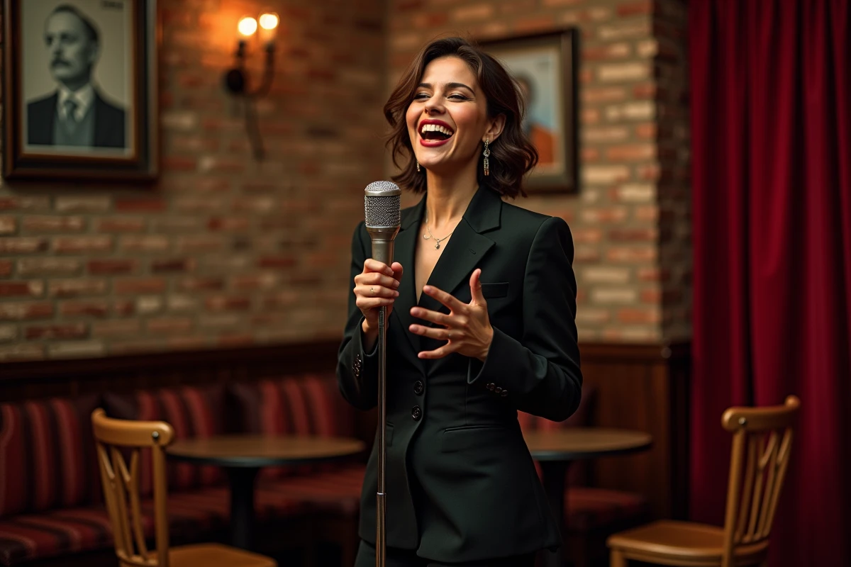 Chanteuse jazz italienne élégante en scène avec micro
