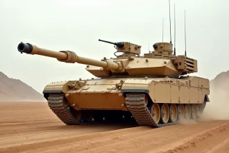 Char M1A1 Abrams en vue trois-quarts sur terrain désertique lors d'un exercice militaire, montrant le canon 120mm et l'armure réactive
