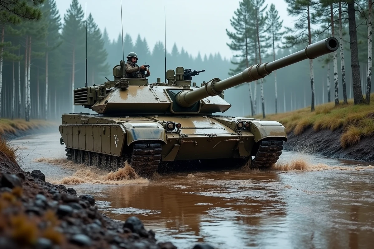 Char M1A1 Abrams traversant un gué boueux en forêt européenne lors d'un exercice OTAN, avec éclaboussures d'eau et équipage visible