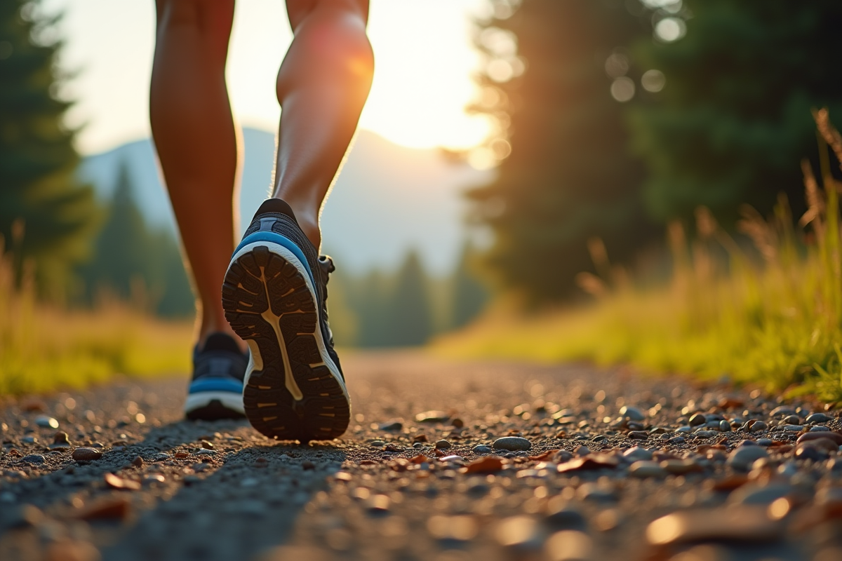 Détail de chaussures de course sur un chemin de campagne ensoleillé