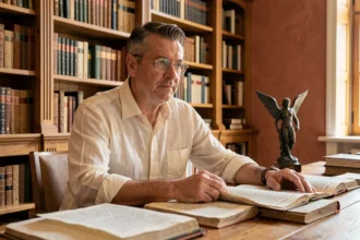 Chercheur en mythologie grecque étudiant des manuscrits anciens avec une statuette d'Hermès en bronze sur son bureau