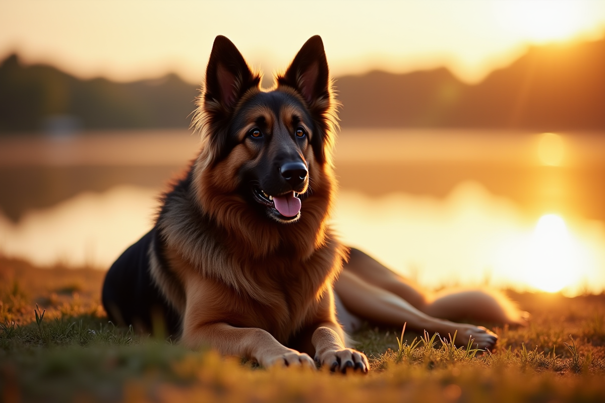 Chien croise berger allemand et Newfoundland au bord du lac au coucher du soleil