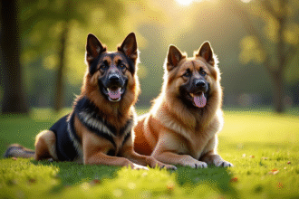 Chien berger allemand et Newfoundland assis dans un parc ensoleille