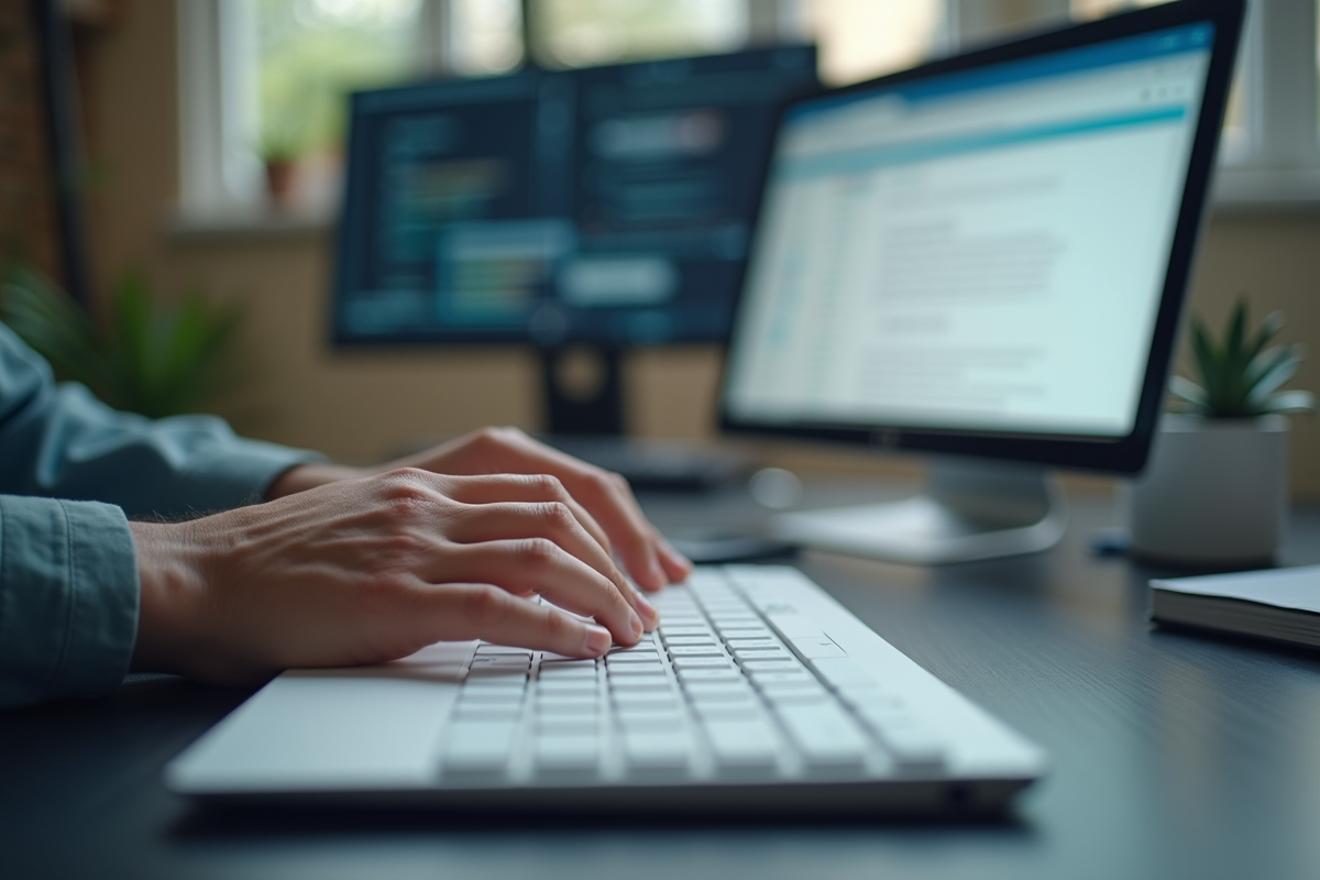 Mains tapant sur un clavier blanc avec la messagerie en fond