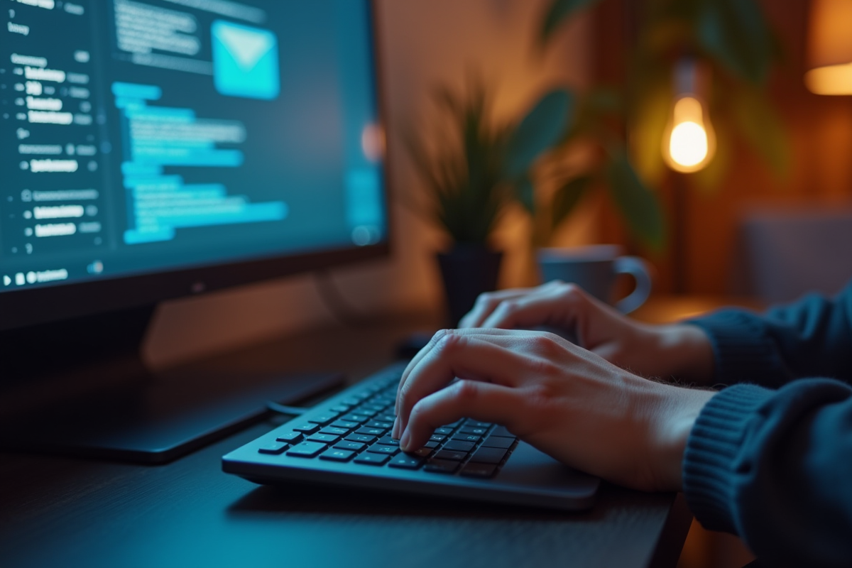 Mains tapant sur un clavier avec interface email en arrière-plan